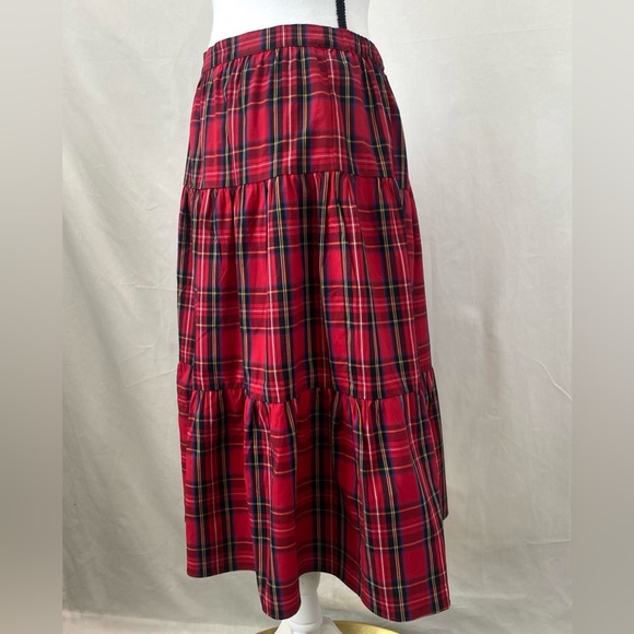 J. Crew NWT Red Black Tartan Plaid 3 Tiered Ruffle Midi Skirt size Large - Picture 5 of 15